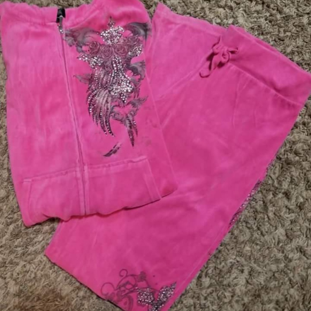 Pink velour like 2 piece sparkly outfit